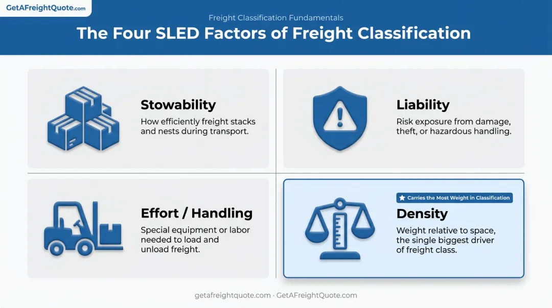 SLED framework four factors determining freight classification density handling stowability liability