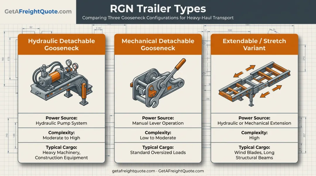 Three types of RGN detachable gooseneck trailer designs compared