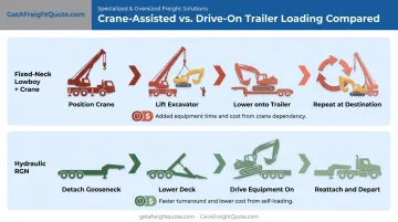 Lowboy crane loading versus RGN drive-on loading workflow comparison