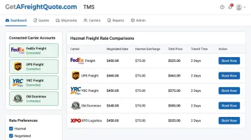 GetAFreightQuote.com dashboard showing hazmat freight rate comparison across carriers