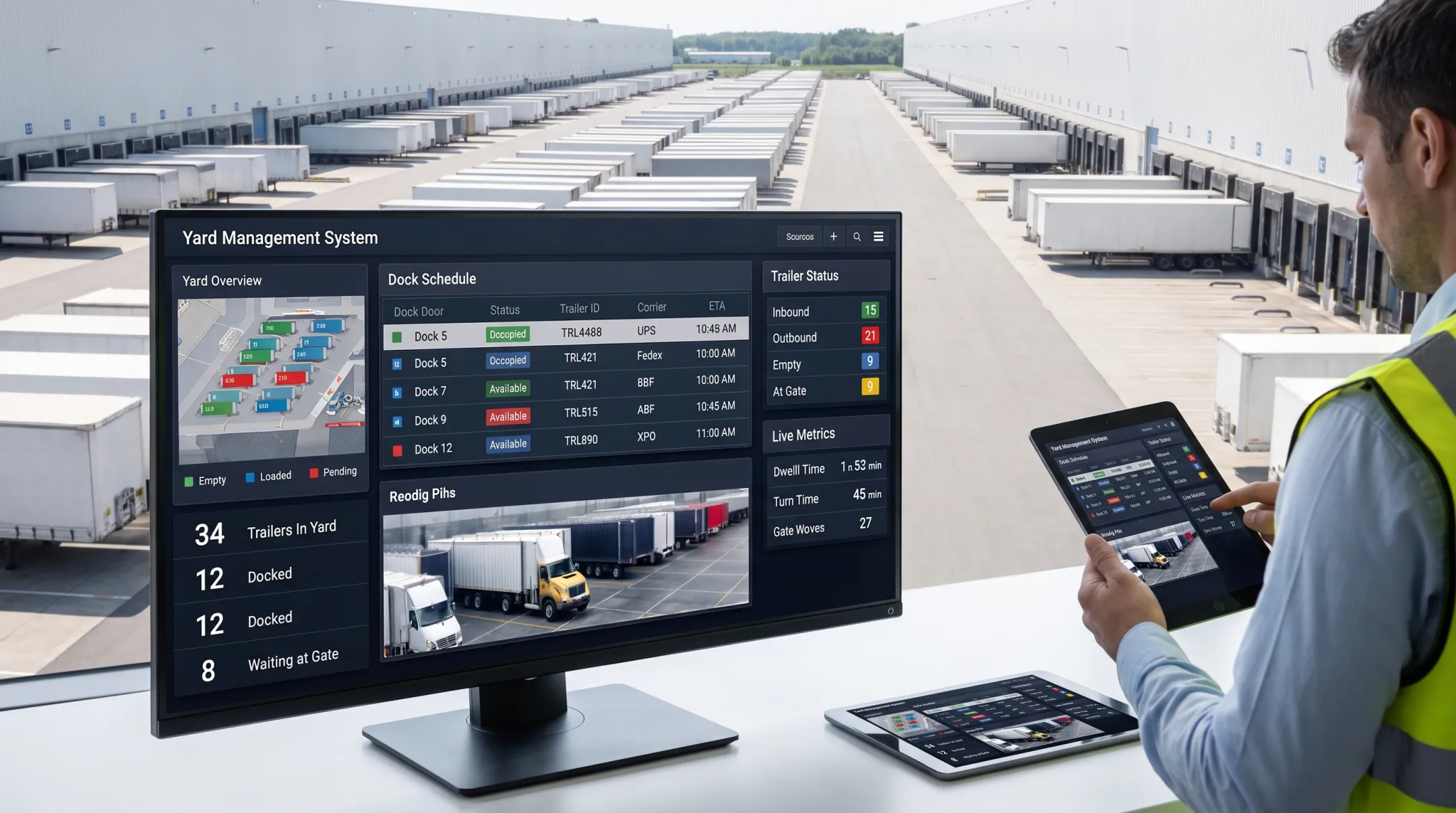 Freight yard management system tracking trailers and dock scheduling