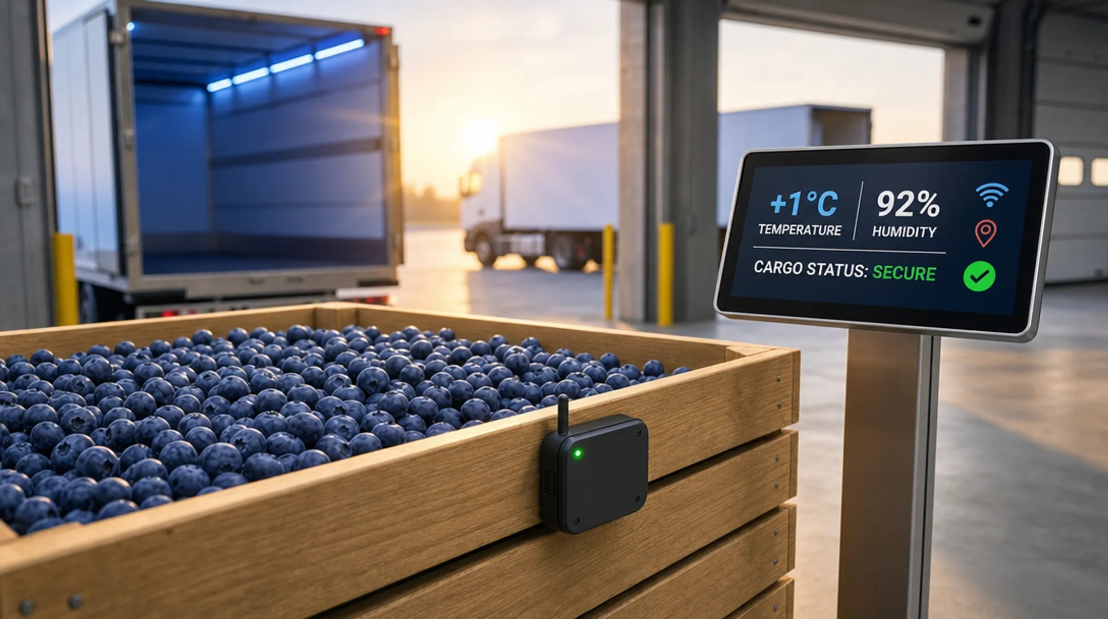 Hardware tracker monitoring temperature and humidity on cargo pallet