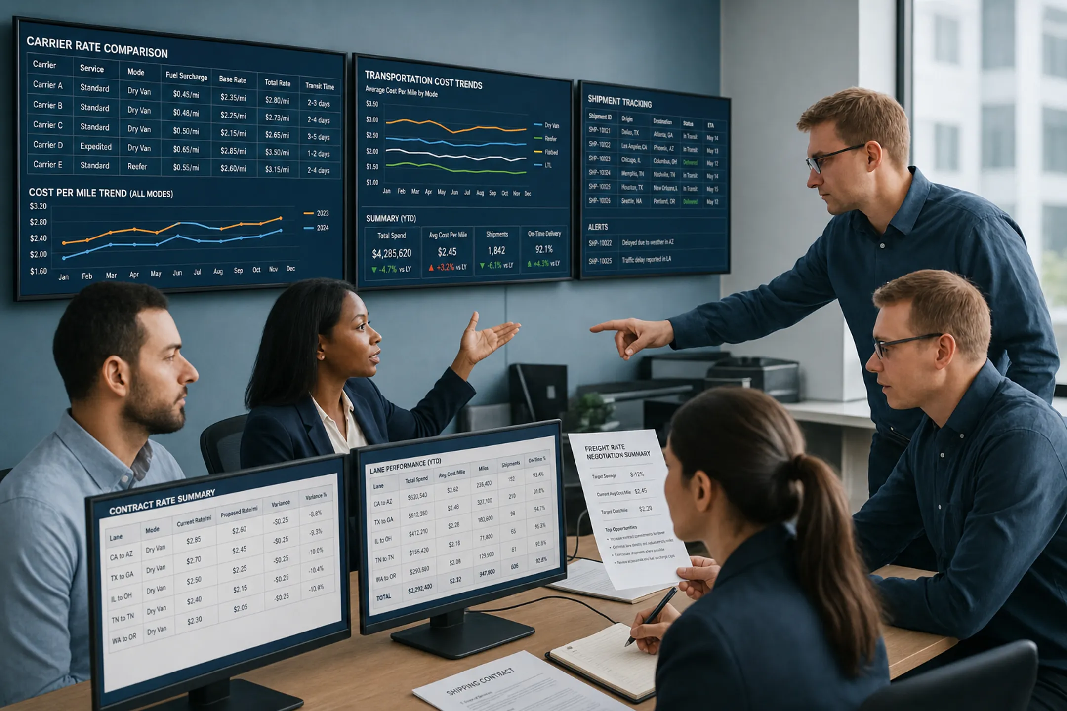 Logistics team analyzing carrier rate negotiations on computer screens