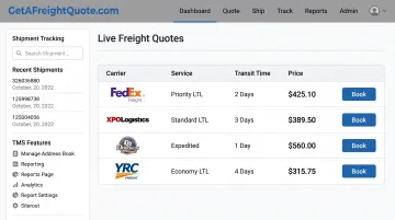 GetAFreightQuote.com multi-carrier rate comparison dashboard showing freight shipping quotes and carrier options