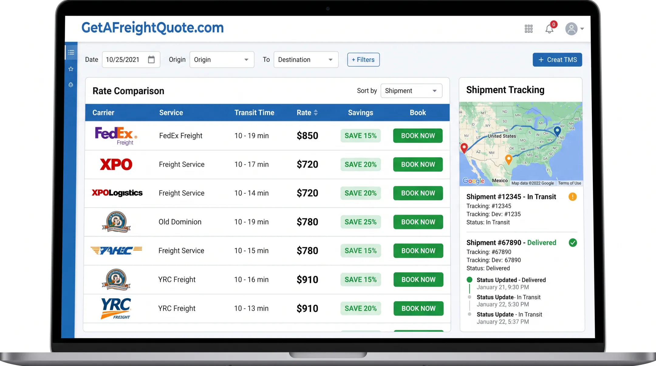 GetAFreightQuote.com platform dashboard comparing carrier rates and savings