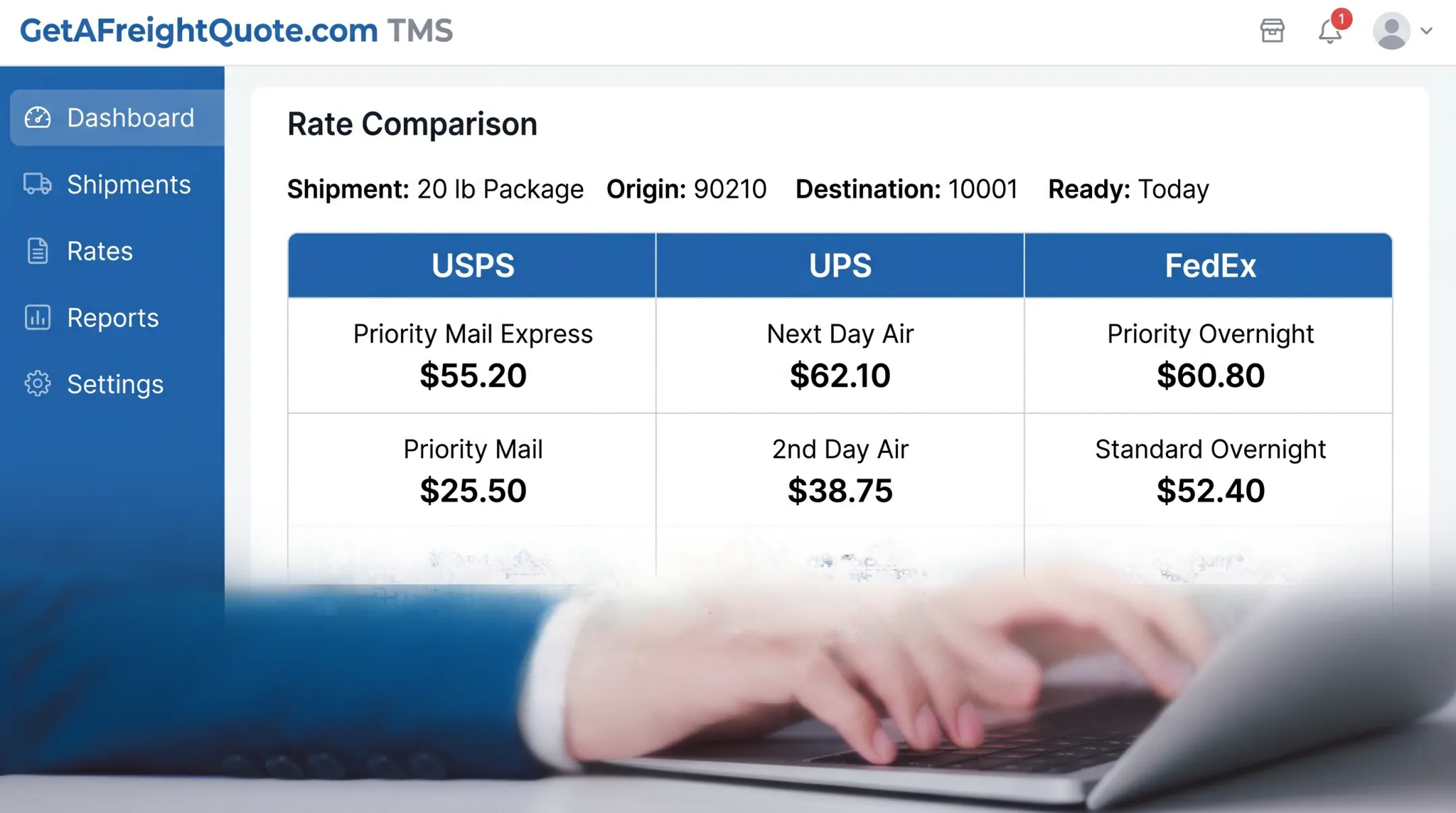 GetAFreightQuote TMS platform dashboard comparing USPS UPS and FedEx shipping rates