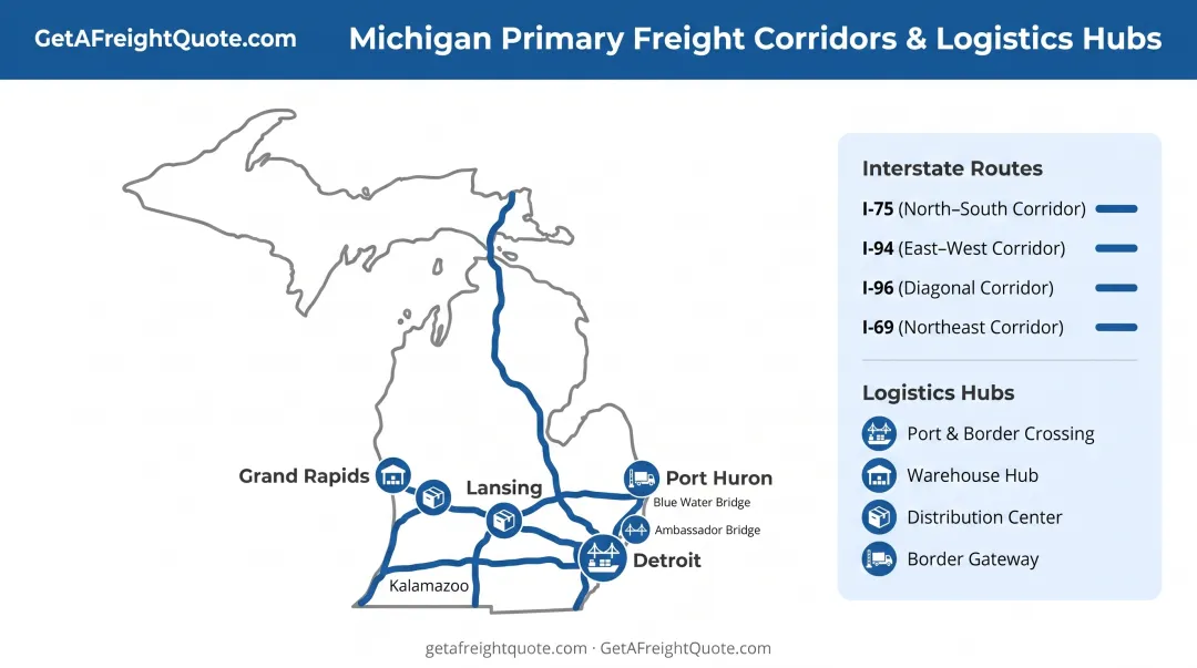 Michigan freight infrastructure map showing I-75 I-94 I-96 corridors and major logistics hubs