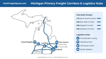 Michigan freight infrastructure map showing I-75 I-94 I-96 corridors and major logistics hubs