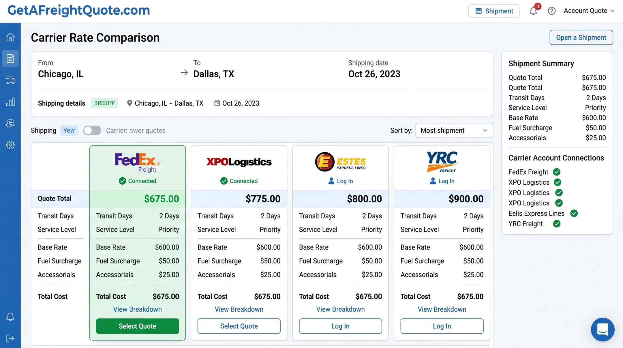 GetAFreightQuote TMS platform dashboard comparing multi-carrier shipping rates