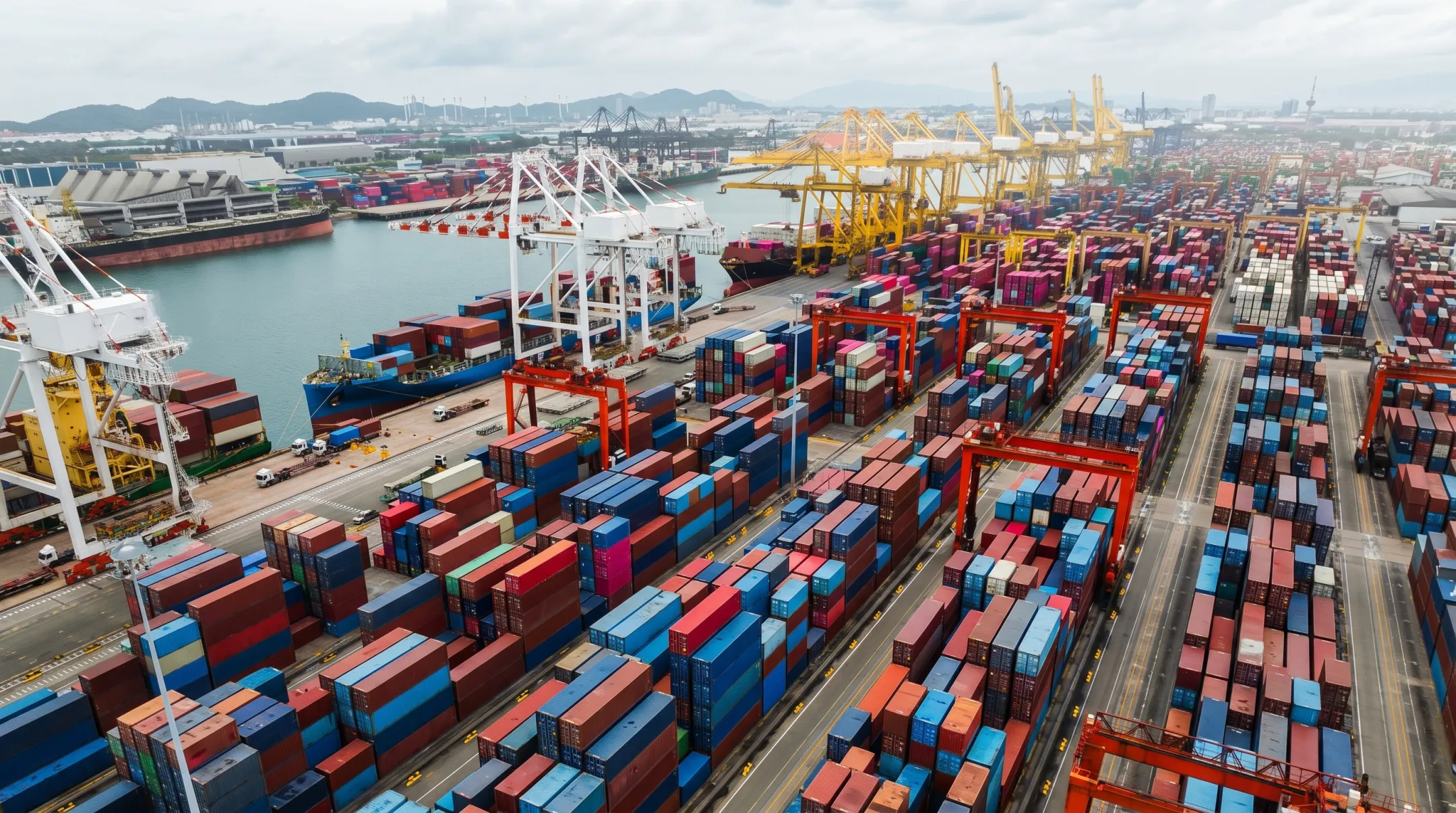 Ocean cargo containers loaded at busy international shipping port terminal