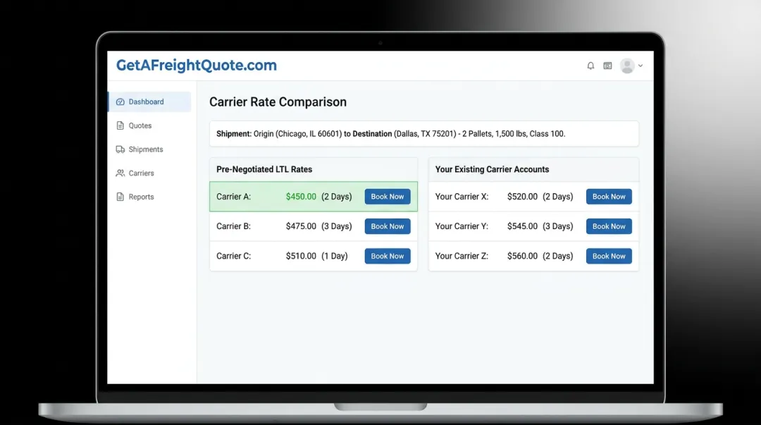 GetAFreightQuote.com platform dashboard comparing LTL freight carrier rates