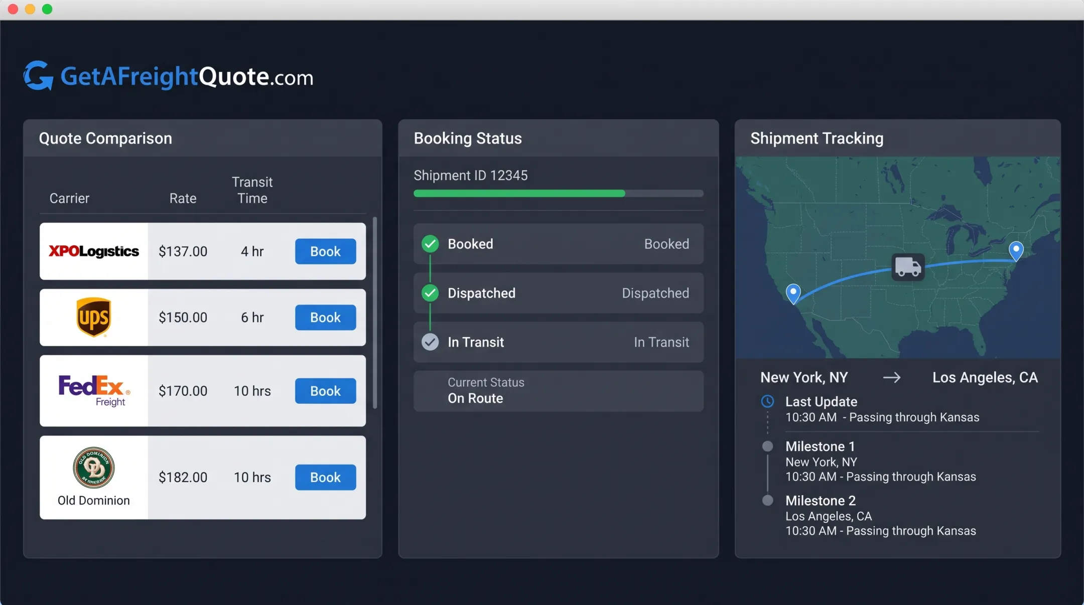 TMS dashboard interface showing freight quoting booking and tracking screen