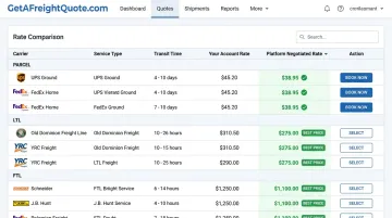 GetAFreightQuote.com dashboard comparing multiple carrier rates side-by-side