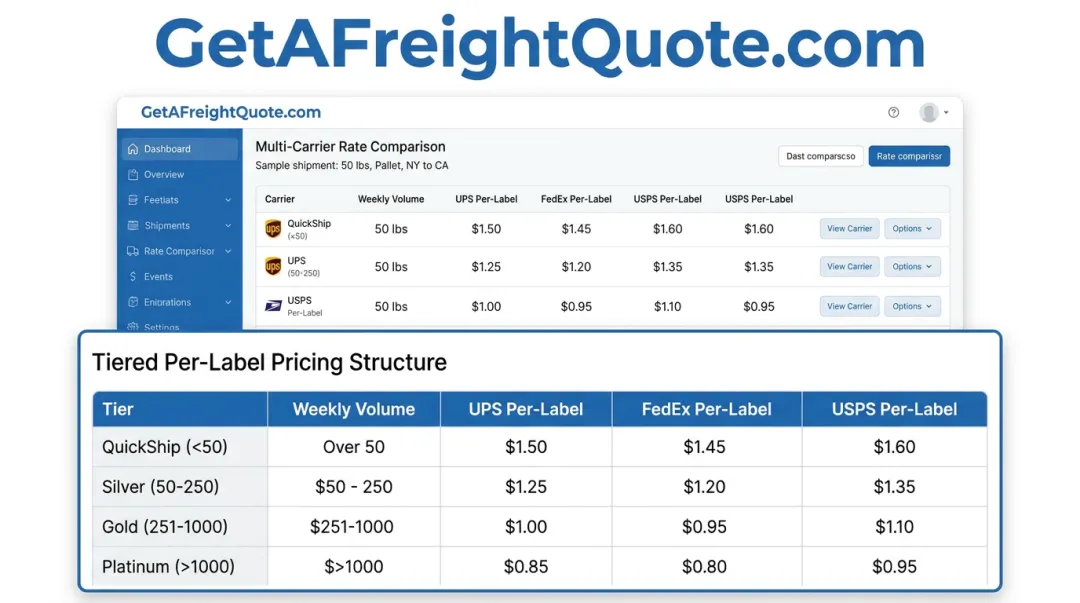 GetAFreightQuote.com tiered pricing dashboard showing per-label shipping fees by volume