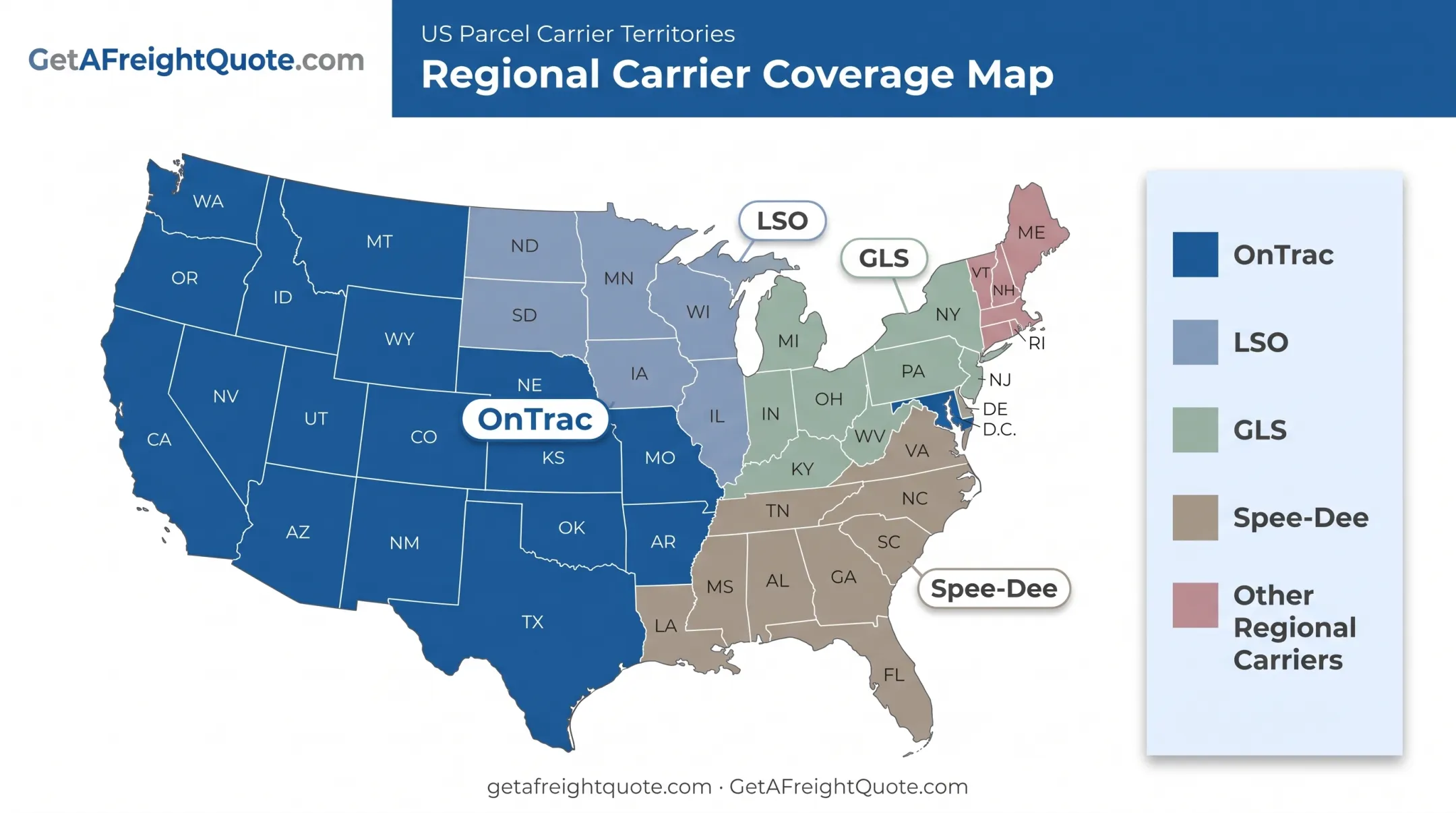 US map showing regional parcel carrier coverage zones by state