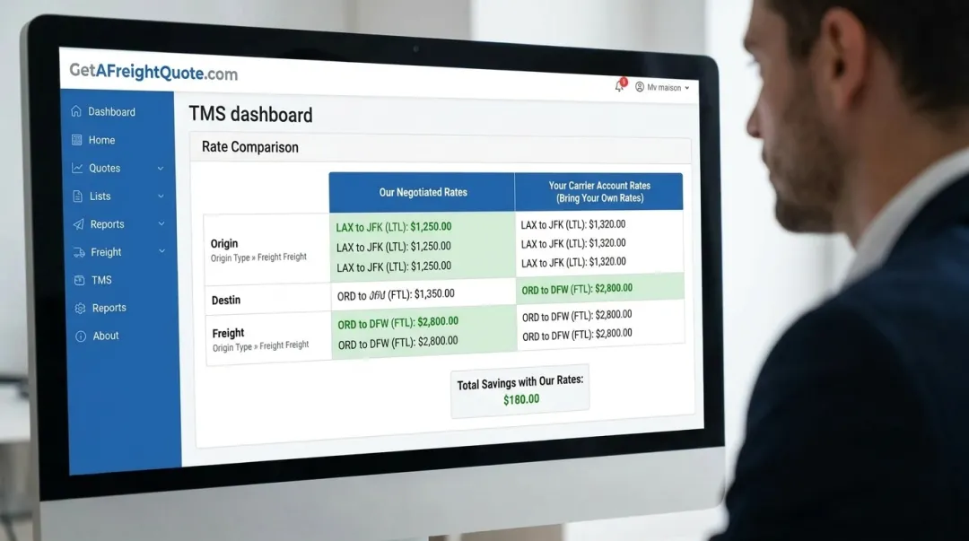 TMS dashboard comparing negotiated carrier rates against customer own shipping accounts