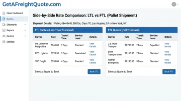 TMS platform dashboard comparing LTL and FTL freight quotes side by side