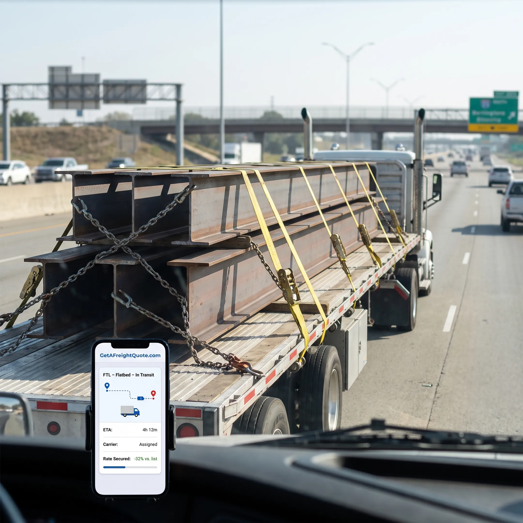 Flatbed truck transporting secured industrial freight