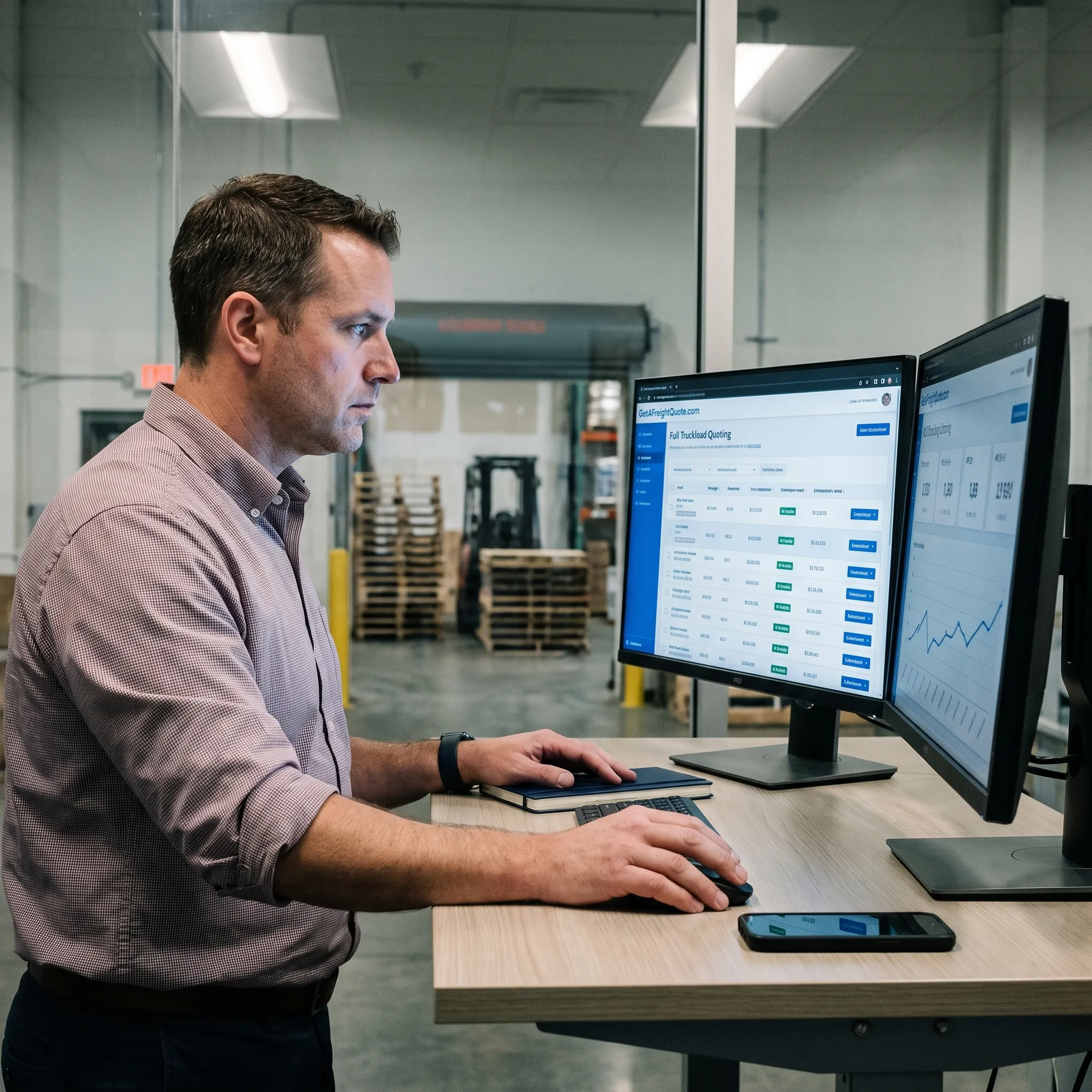 Logistics manager reviewing flatbed freight options
