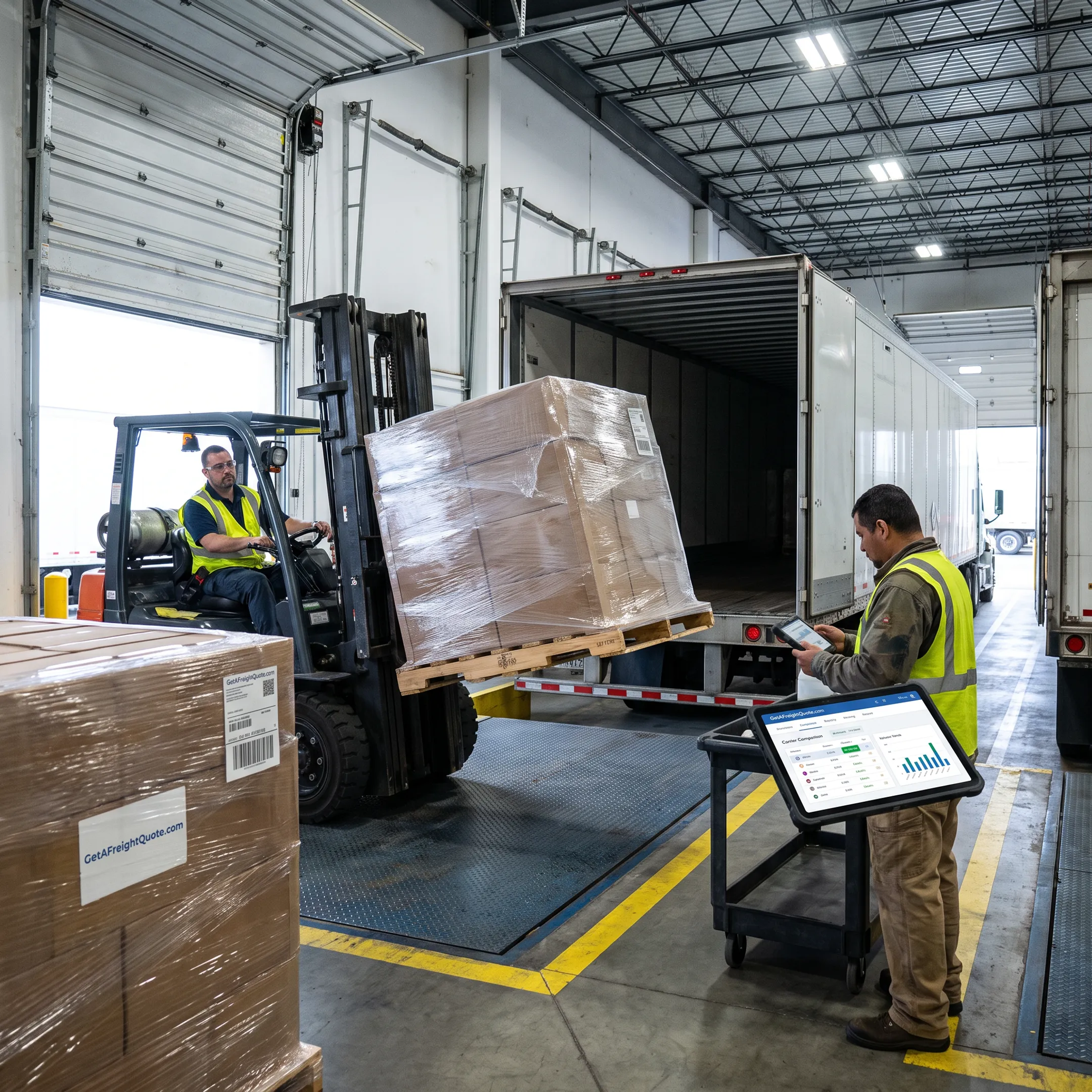 Freight truck loading palletized shipments at a warehouse