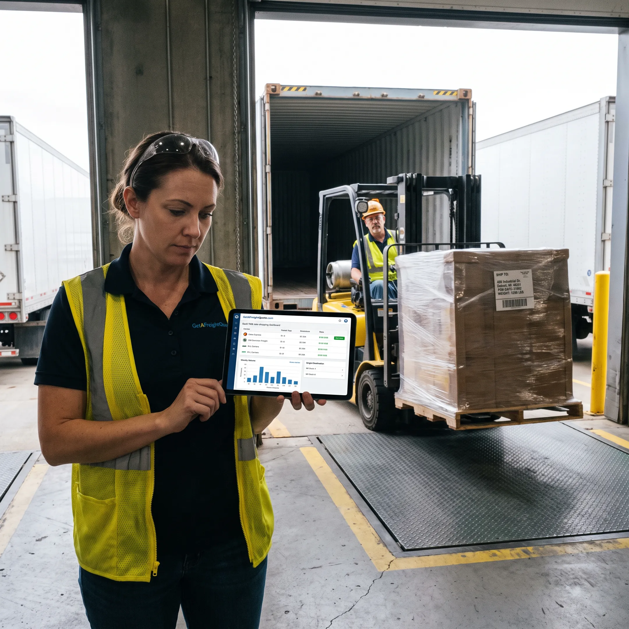 Forklift loading palletized freight onto an LTL trailer