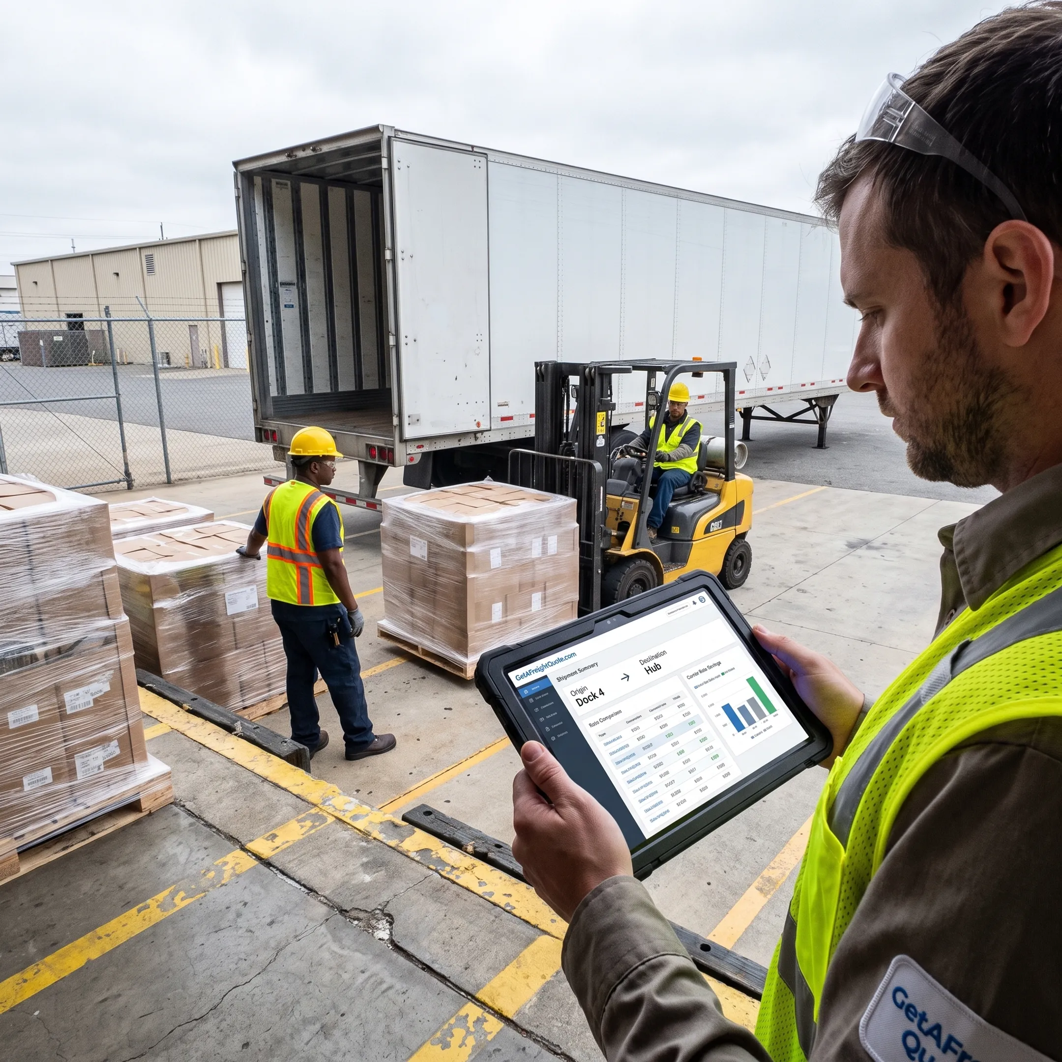 Freight truck loading palletized shipments at a distribution facility
