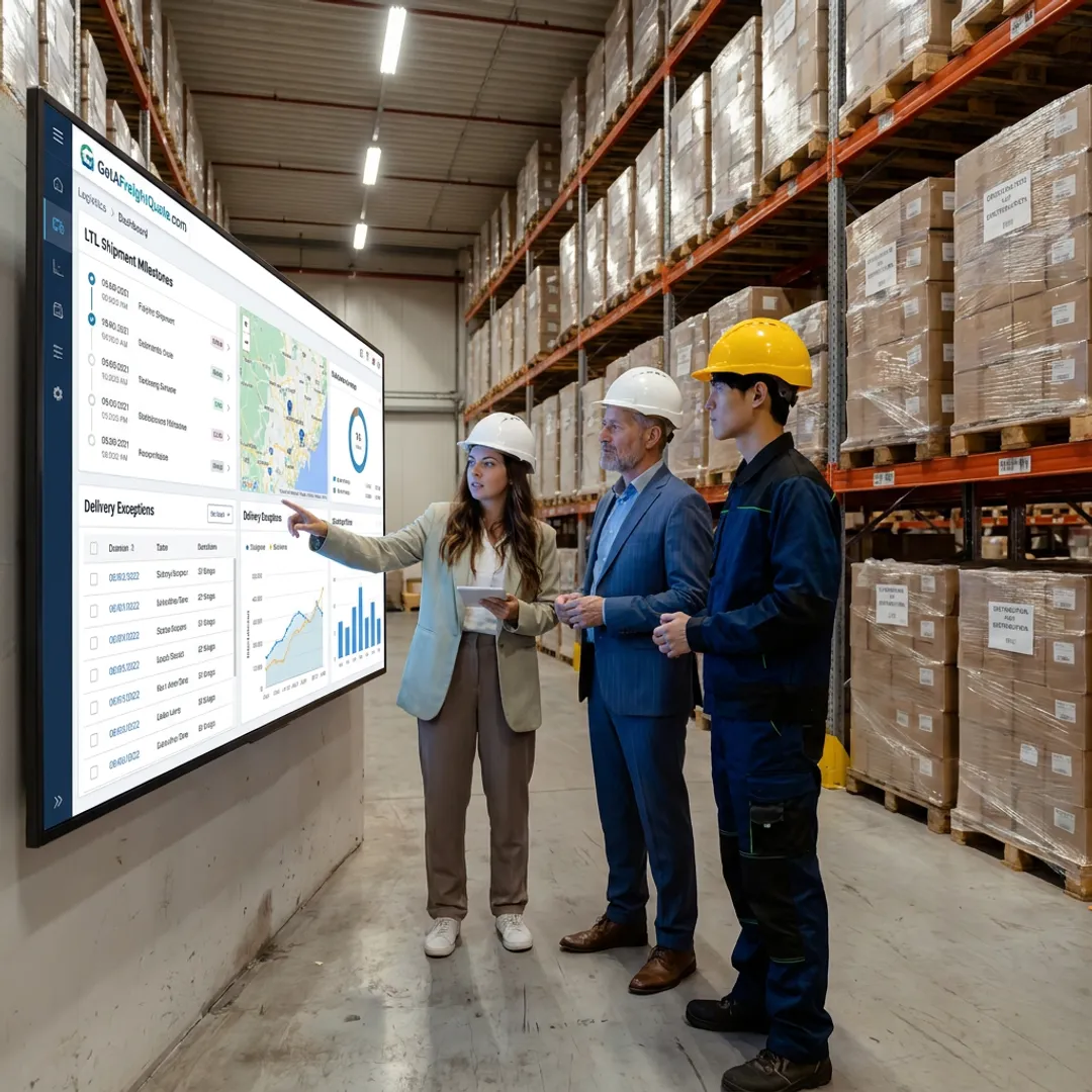Team reviewing LTL freight tracking milestones