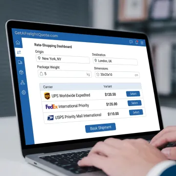 International parcel rates displayed in a shipping dashboard