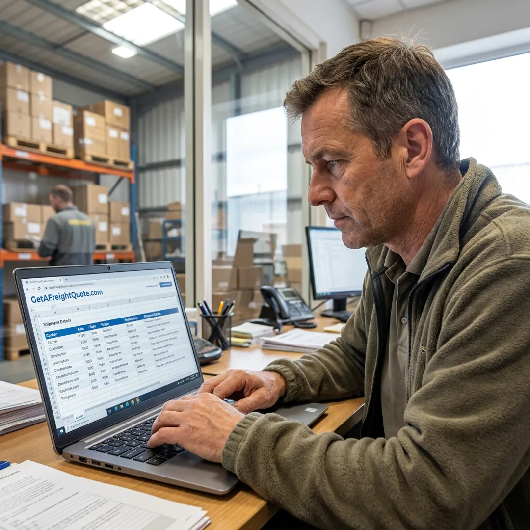 Business owner reviewing freight shipping rates