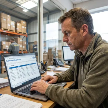 Business owner reviewing freight shipping rates
