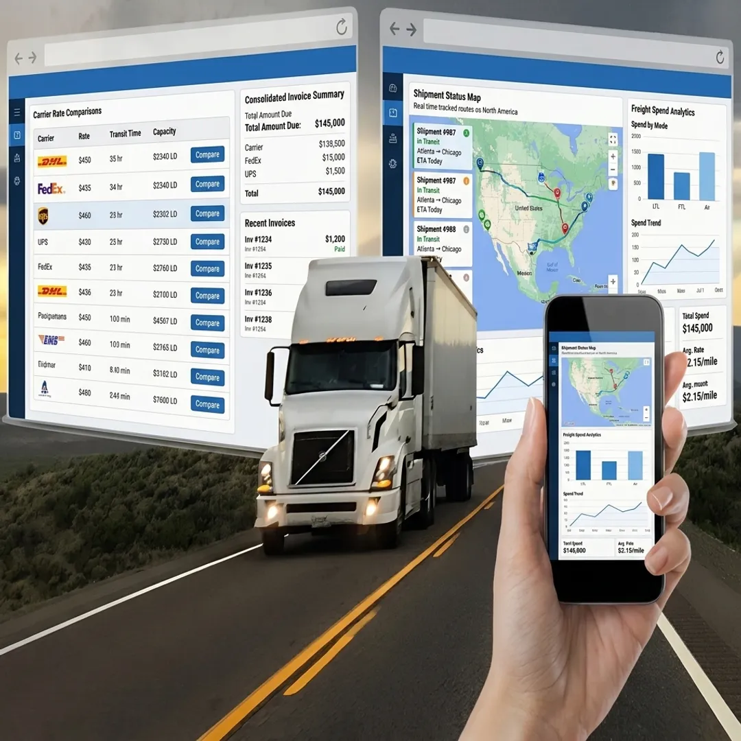 Shipping software dashboard with carrier rates and tracking