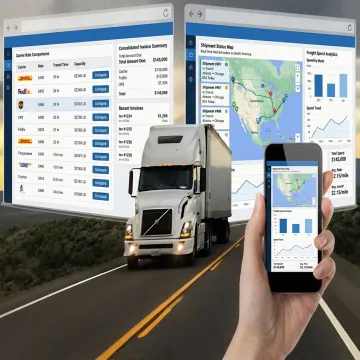 Shipping software dashboard with carrier rates and tracking
