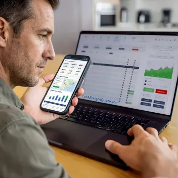 Freight manager reviewing carrier rates and shipment analytics