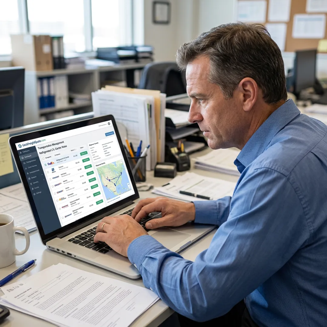 Logistics manager reviewing refrigerated LTL rates