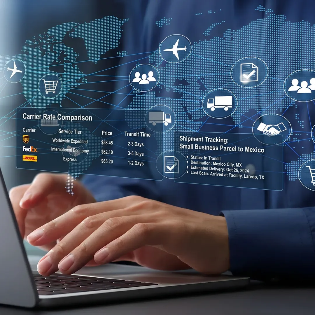 Dashboard comparing parcel shipping rates to Mexico