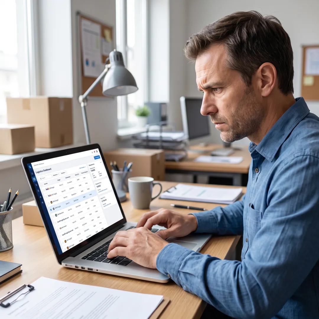 Business owner comparing freight carrier rates on a shipping dashboard