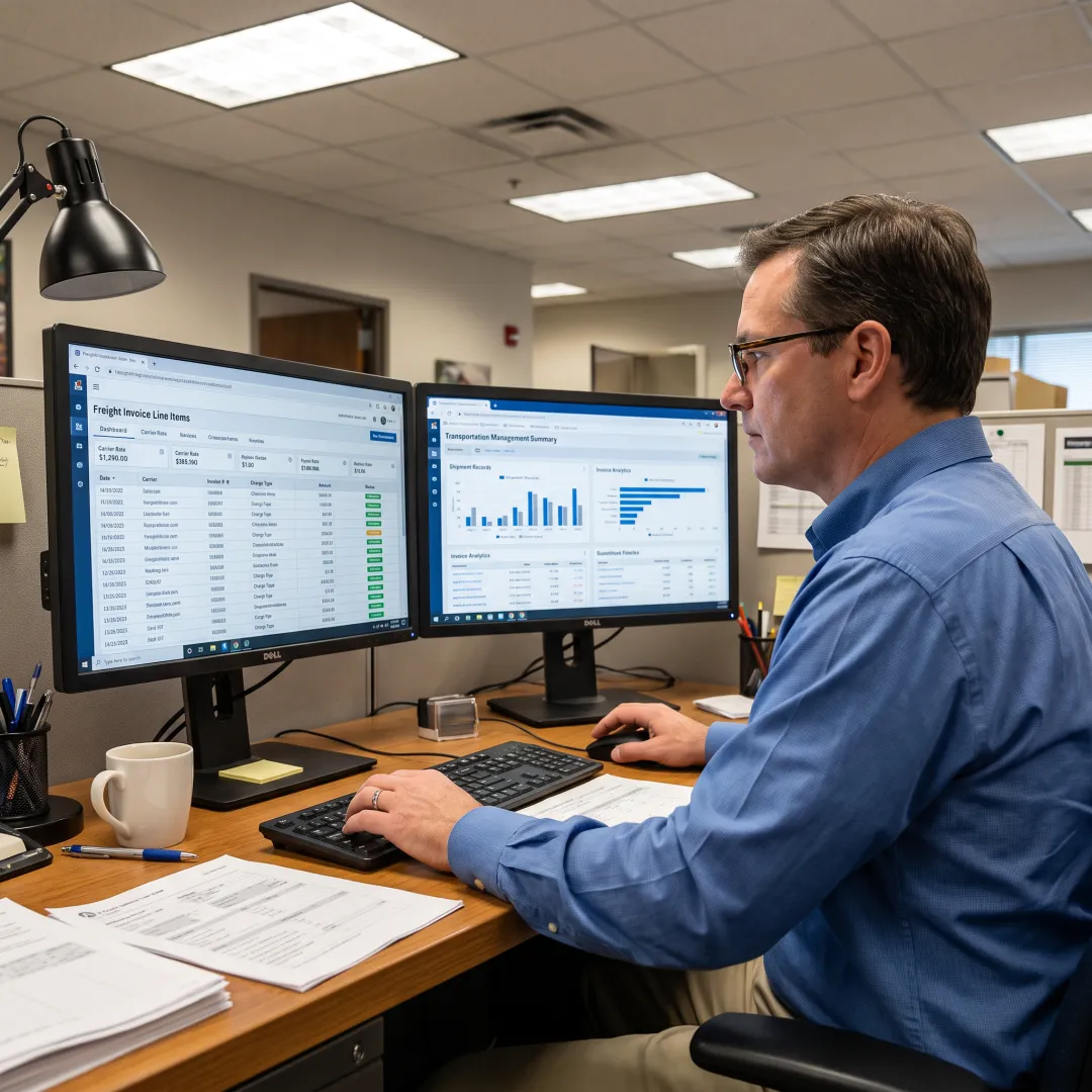Logistics professional reviewing freight invoices on a dashboard