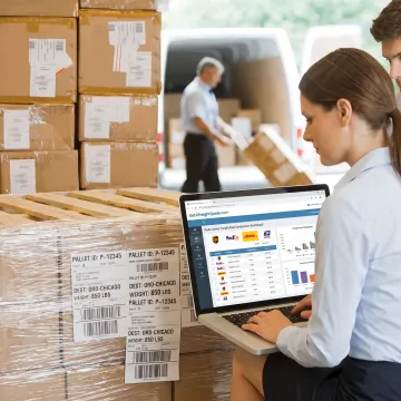 Logistics manager comparing freight rates on a laptop