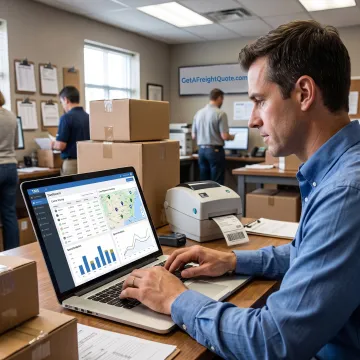 Freight professional reviewing shipping costs on a laptop