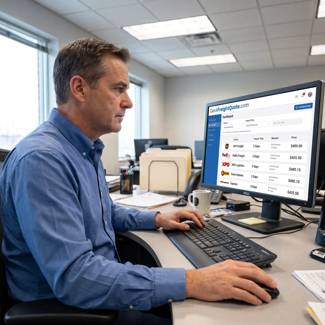Business owner reviewing freight shipping rates