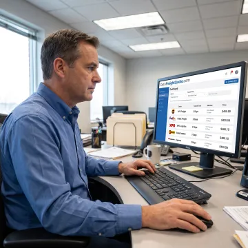 Business owner reviewing freight shipping rates