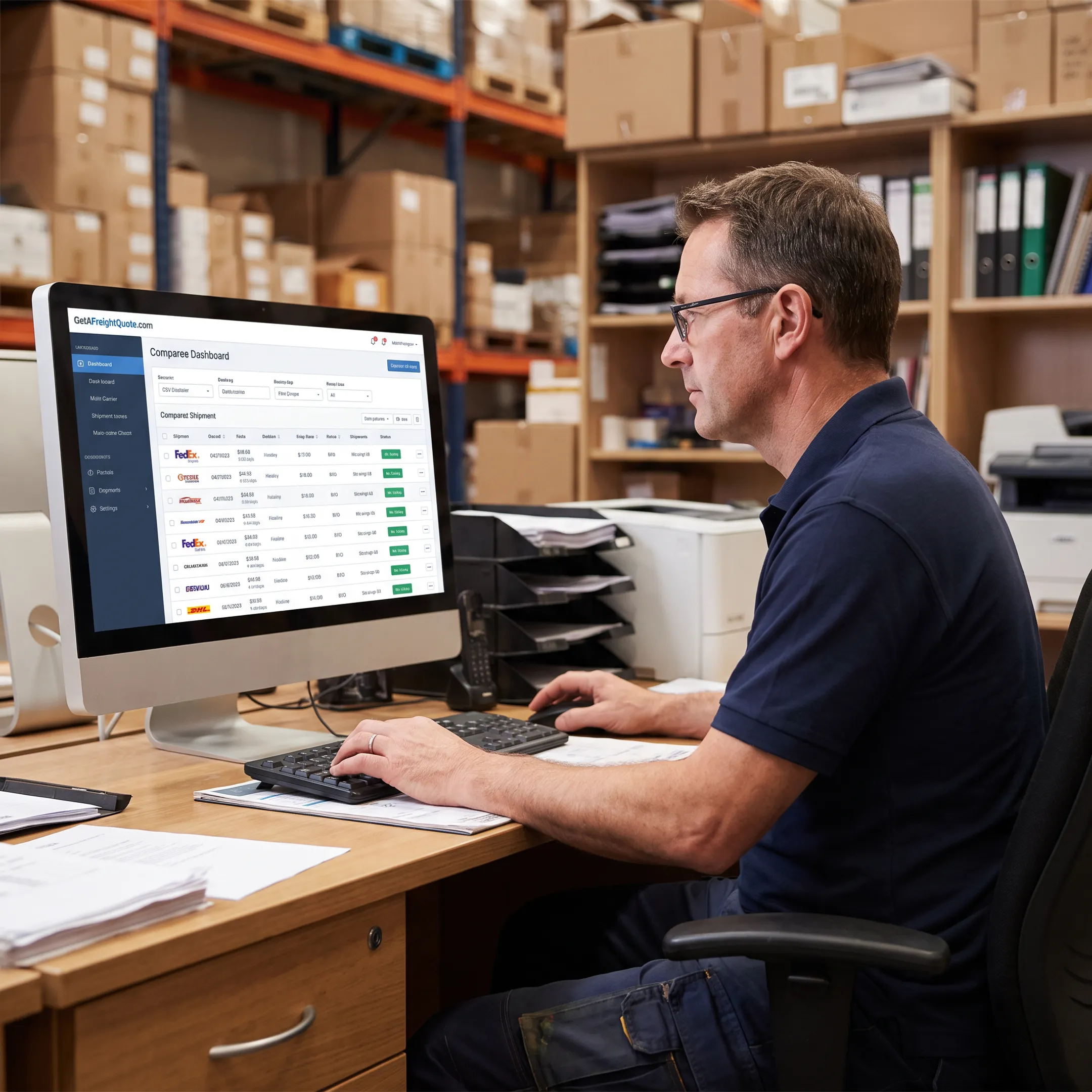 Business owner comparing freight shipping rates