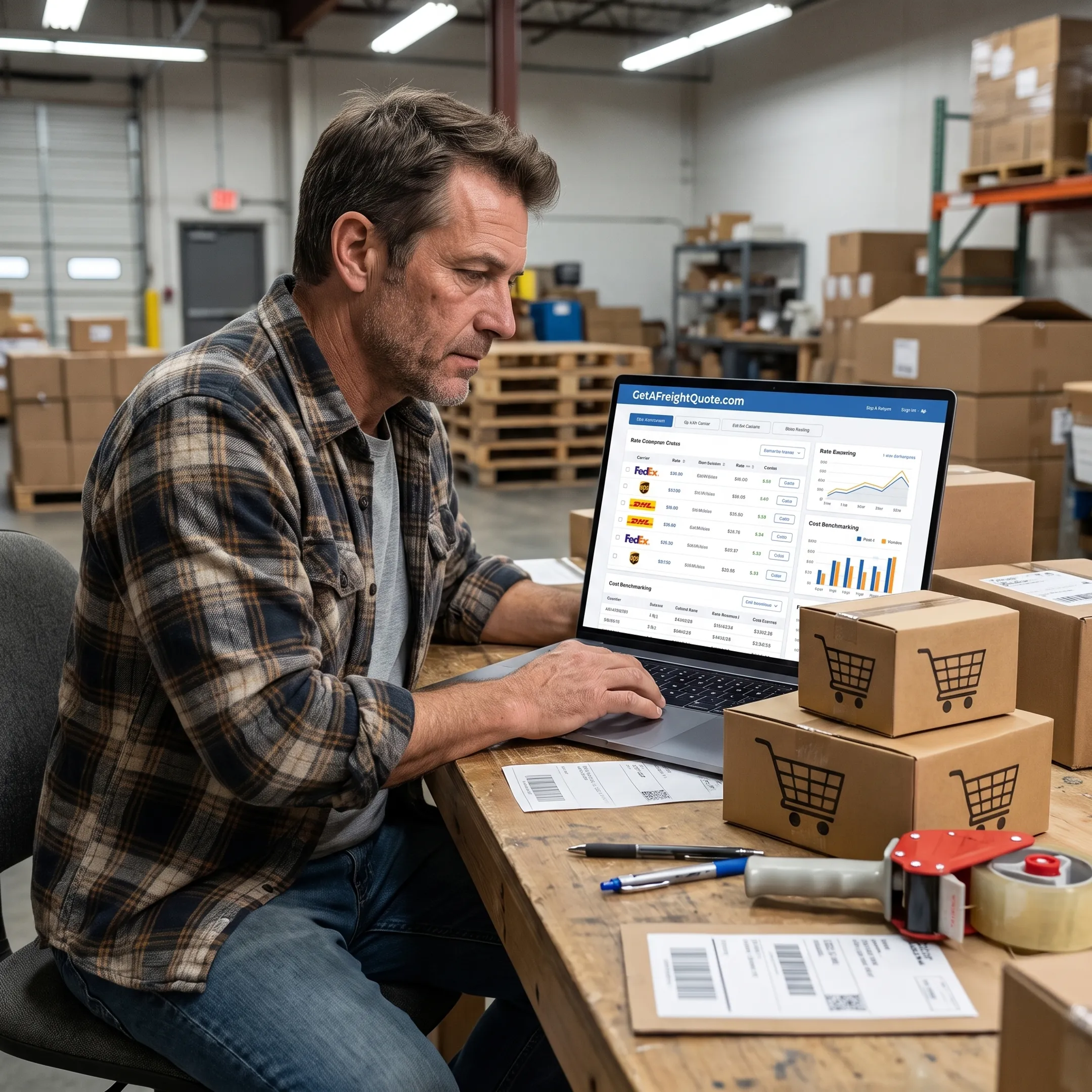 Business owner comparing freight rates on a laptop