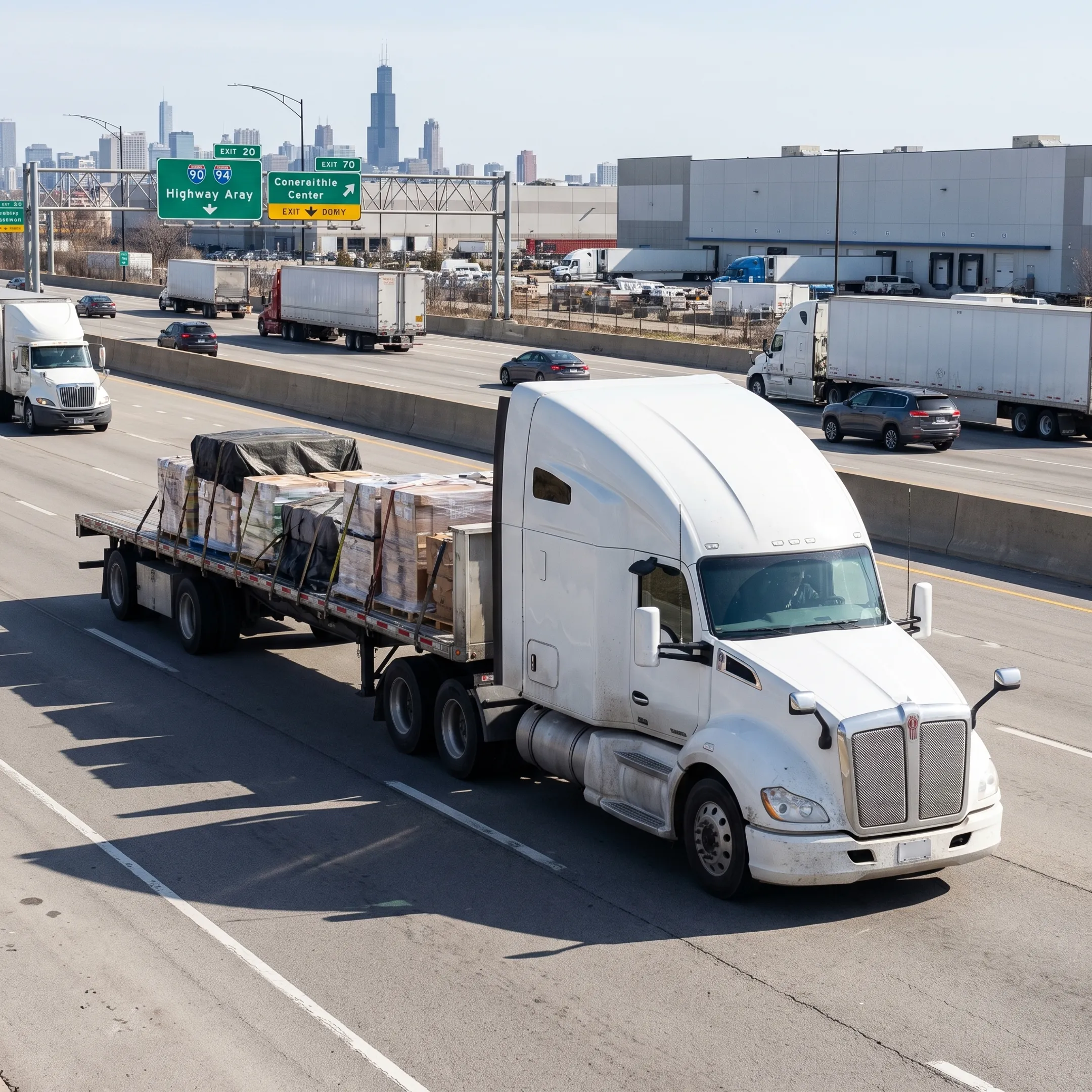 Freight truck transporting palletized shipments near Chicago