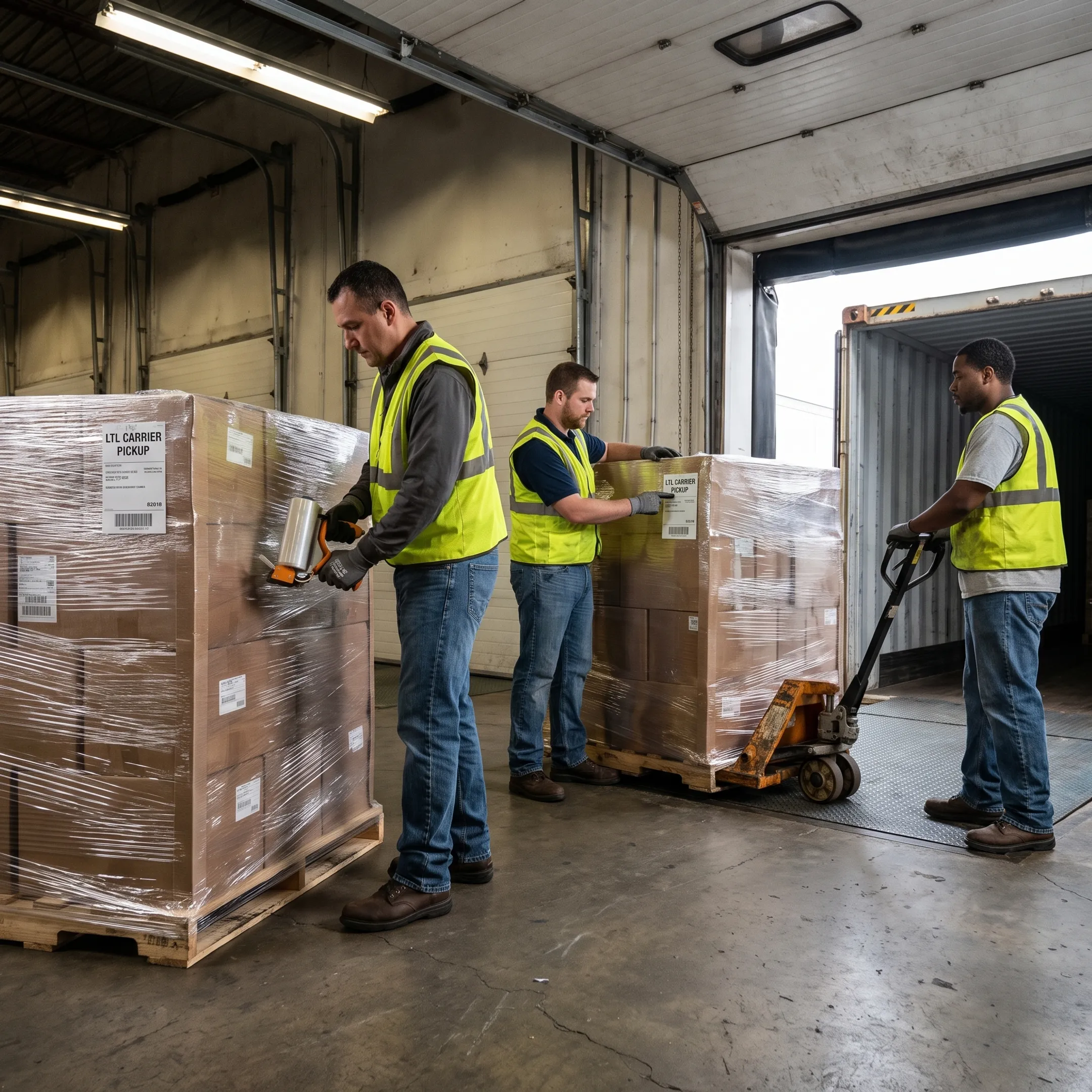 Freight pallets prepared for LTL carrier pickup