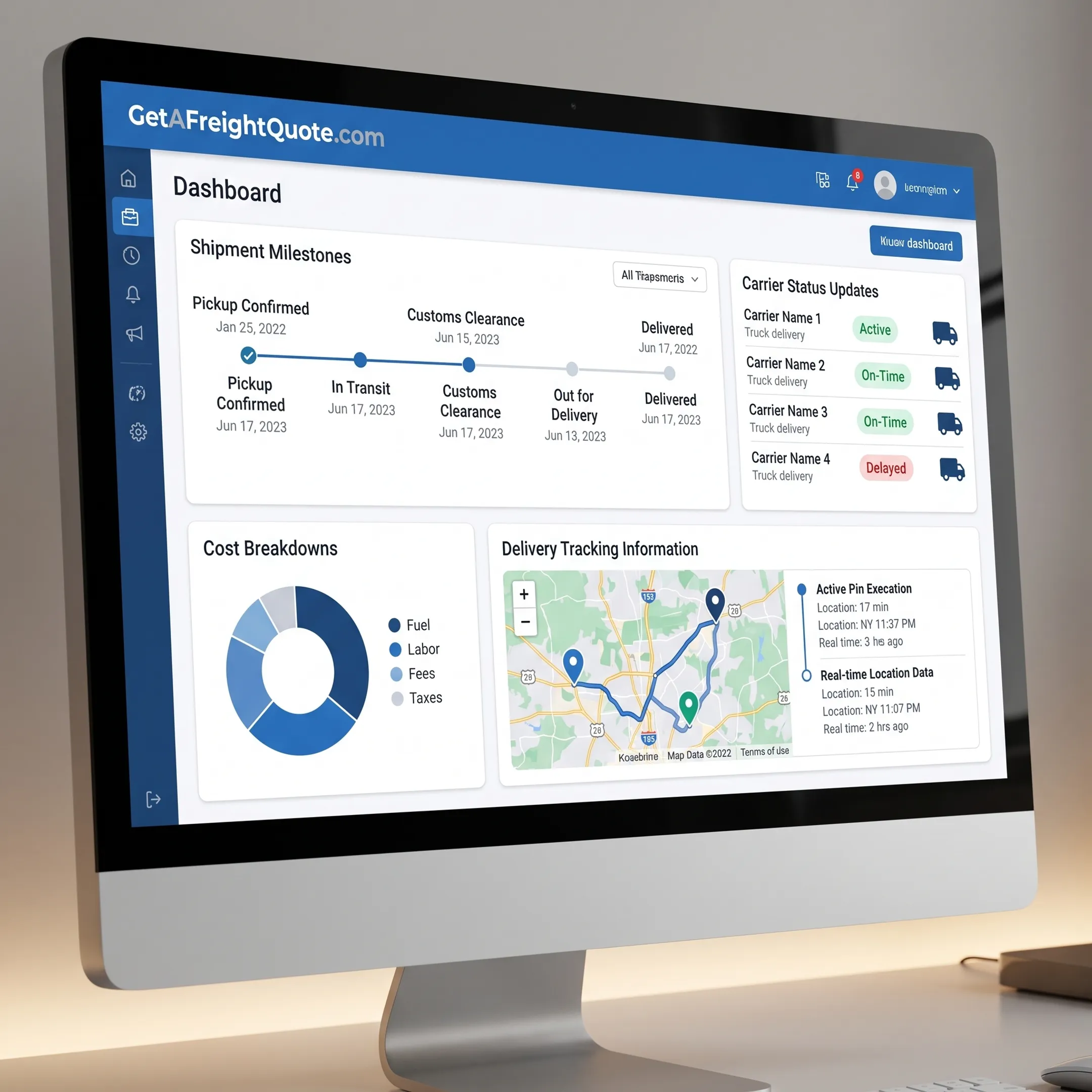 Freight visibility dashboard with carrier shipment updates