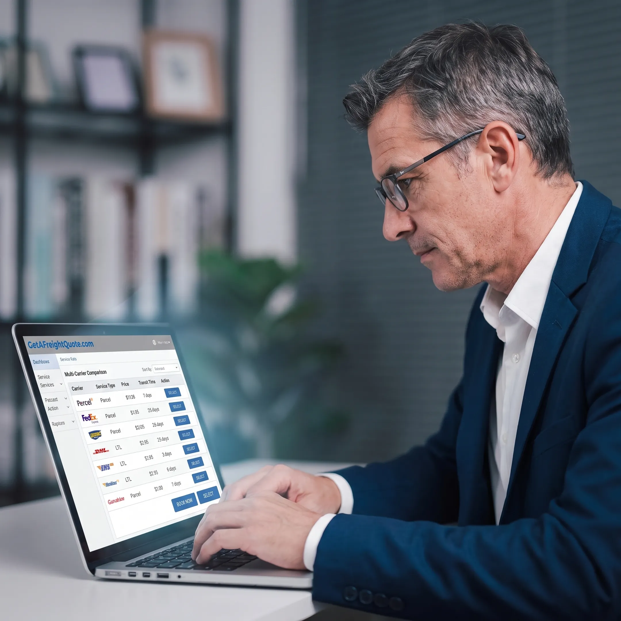Shipping manager reviewing multi-carrier rate comparison dashboard