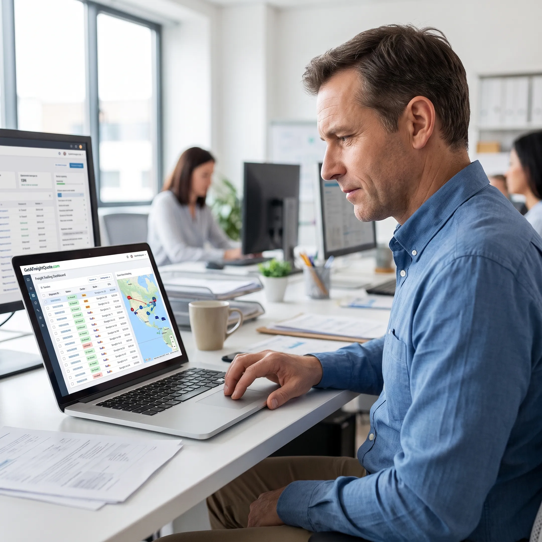 Logistics manager tracking freight shipments on a dashboard