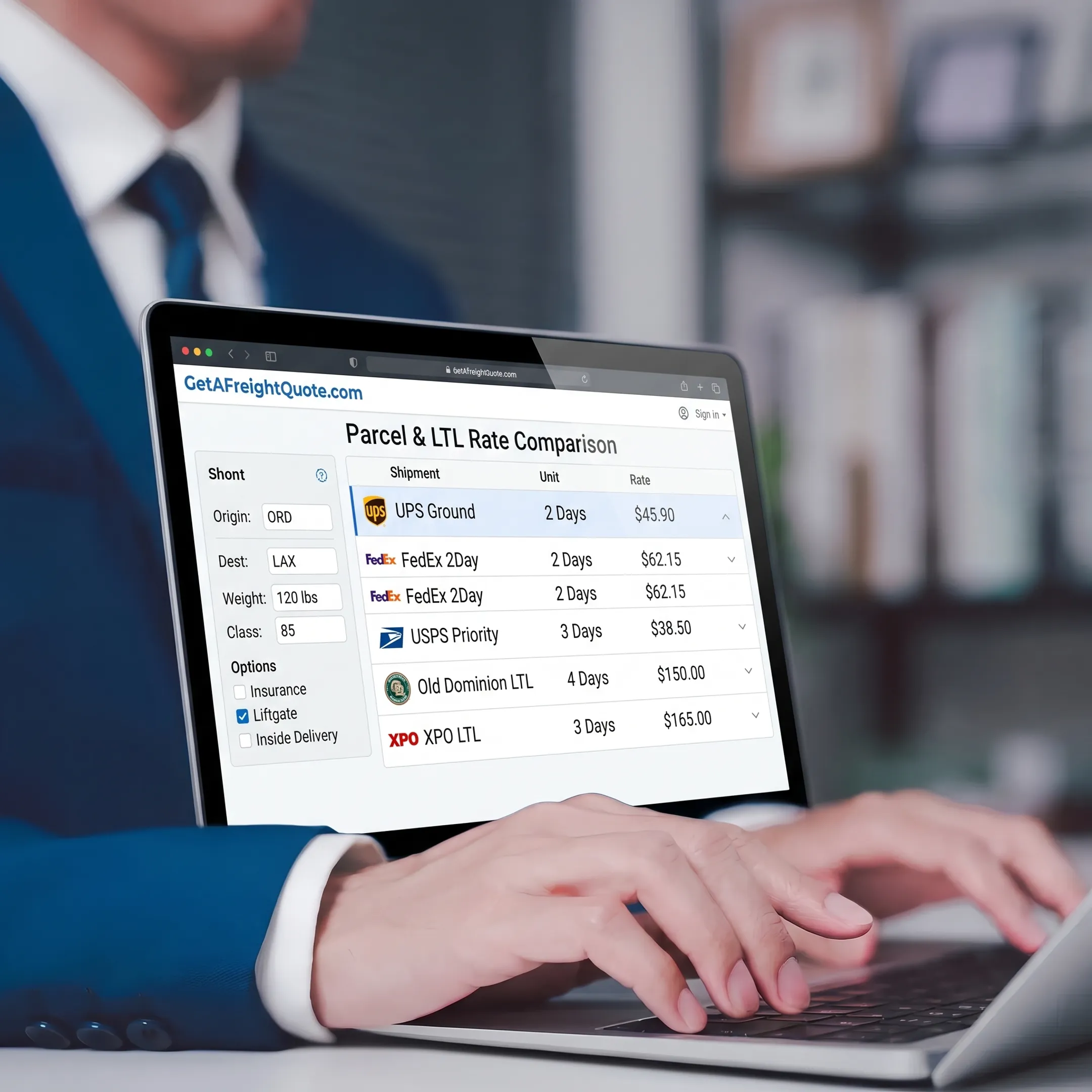 Business owner comparing carrier shipping rates on a laptop
