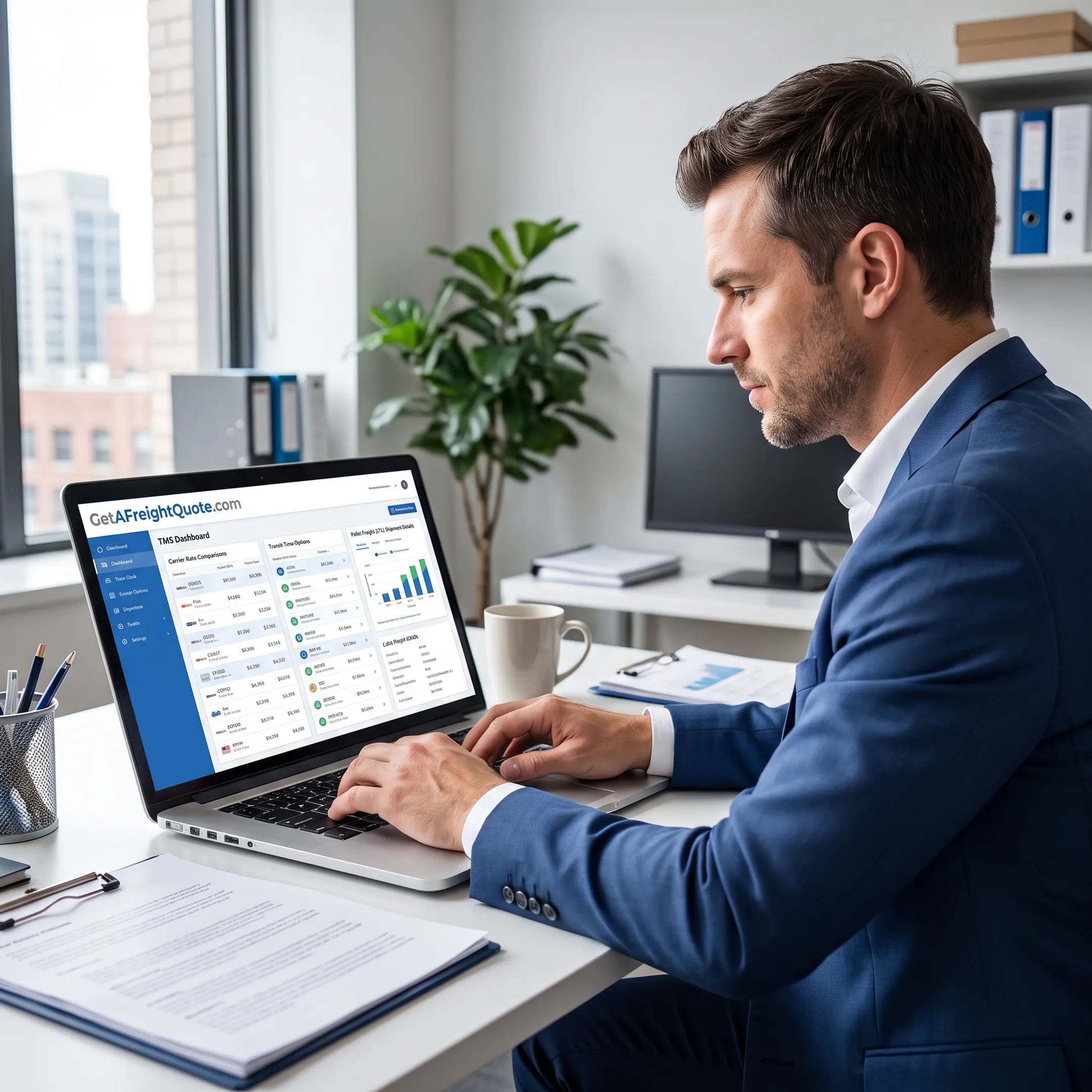 Business manager reviewing LTL carrier rates on a laptop